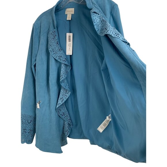 Chicos Blue Faux Suede Perforated Ruffle Jacket Size 12 L New RH10190 NWT - Picture 8 of 9